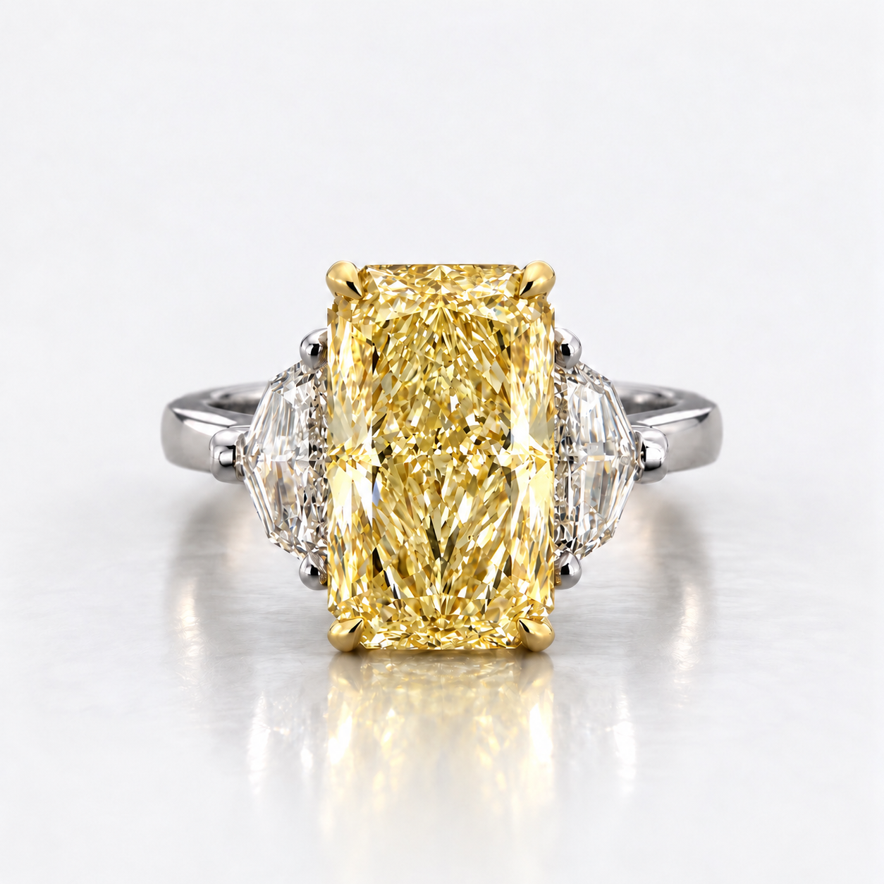 3ct GIA Fancy Light Yellow Elongated Radiant Diamond Three Stone Engagement Ring