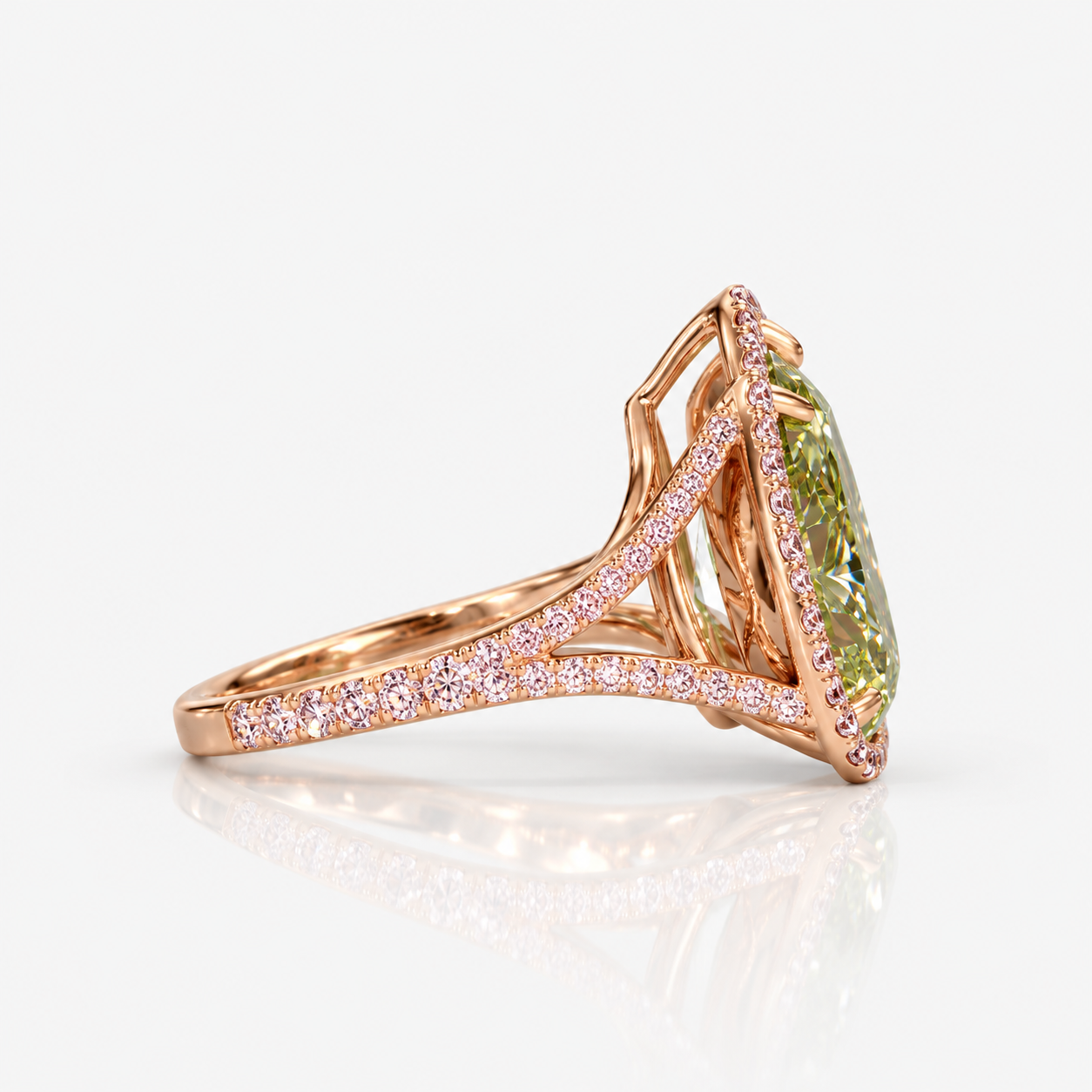 6ct Green Pear Diamond in Pink Diamond Halo Split Shank Engagement Ring