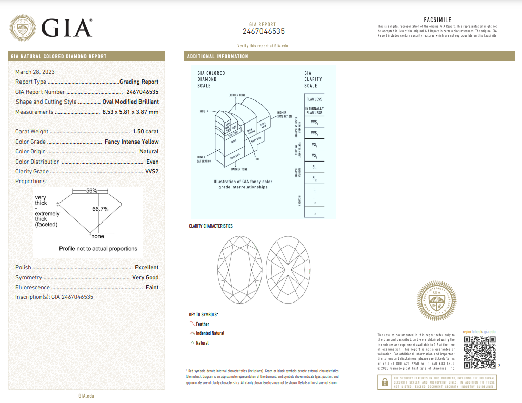 GIA fancy intense yellow diamond grading report with detailed specifications and diagrams.