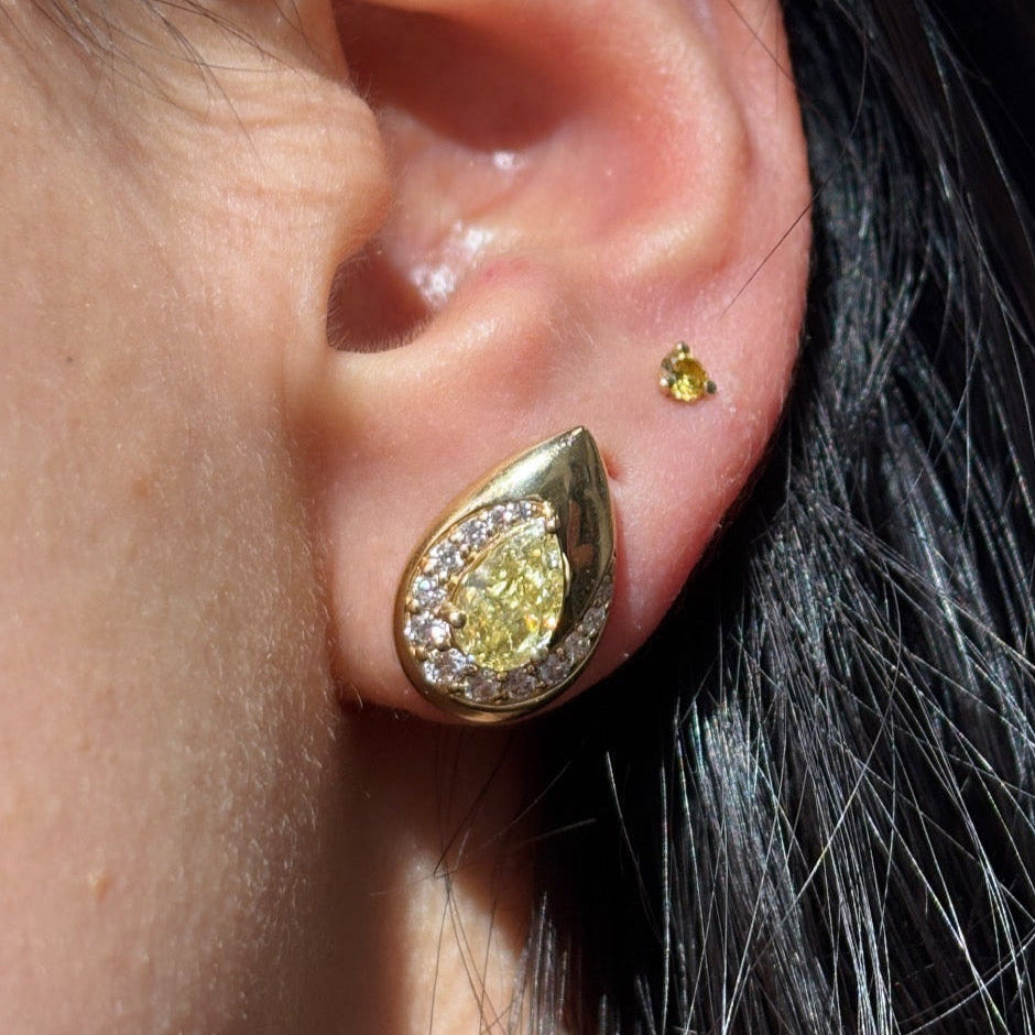 Fancy Light Yellow Pear Diamond Bezel Swirl Stud Earrings