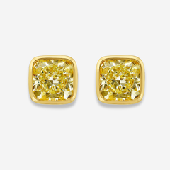 Fancy Yellow Cushion Diamond Bezel Stud Earrings
