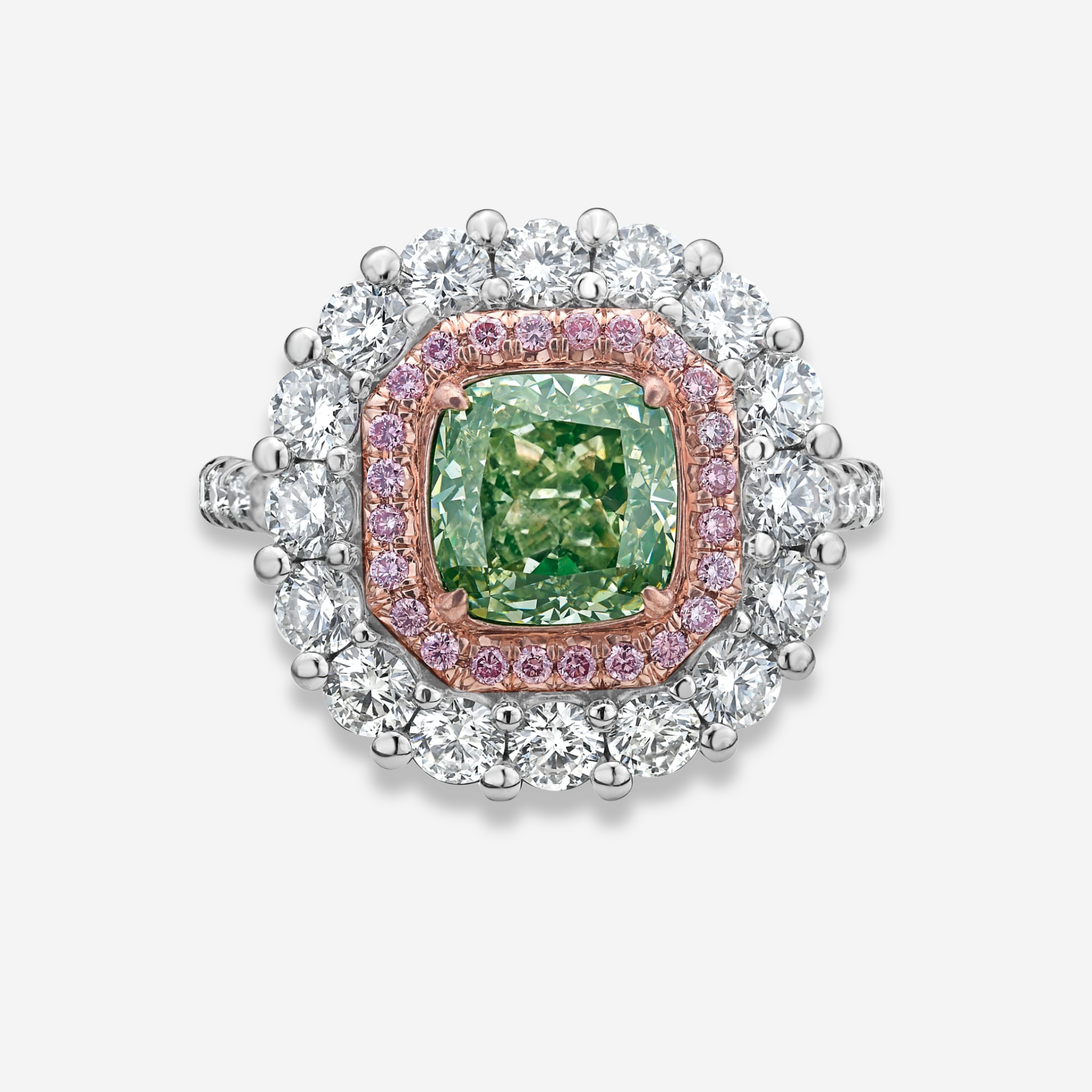 Green Cushion Diamond Halo Cocktail Ring | Rare Colors by Namdar