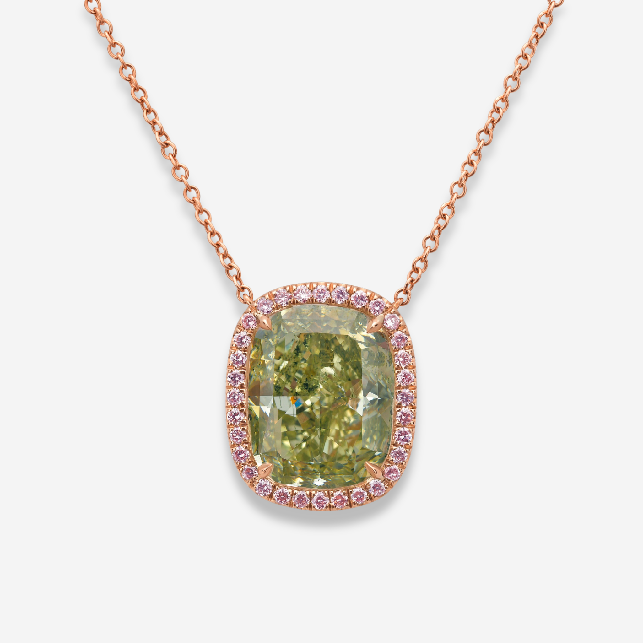 5.83ct Green Cushion Diamond Pink Halo Pendant