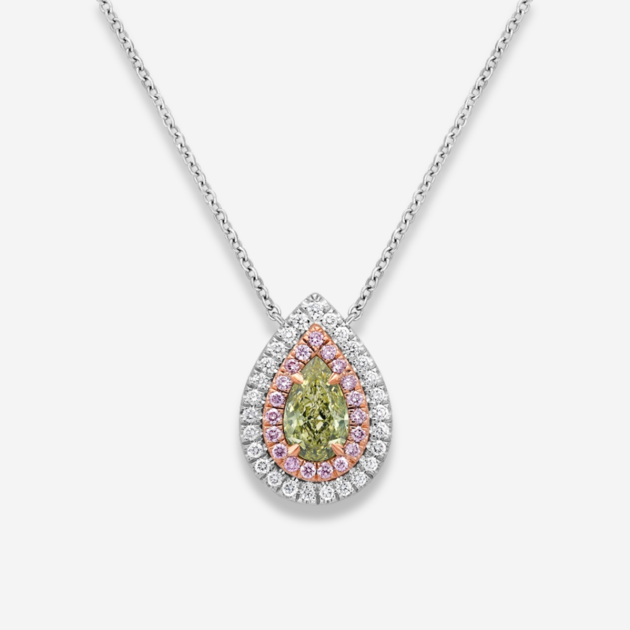 Greenish Yellow Pear Diamond Double Halo Pendant