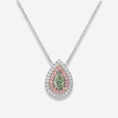 Green 'Chameleon' Pear Diamond Double Halo Pendant