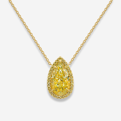 4ct Yellow Pear Diamond Golden Halo Pendant Necklace