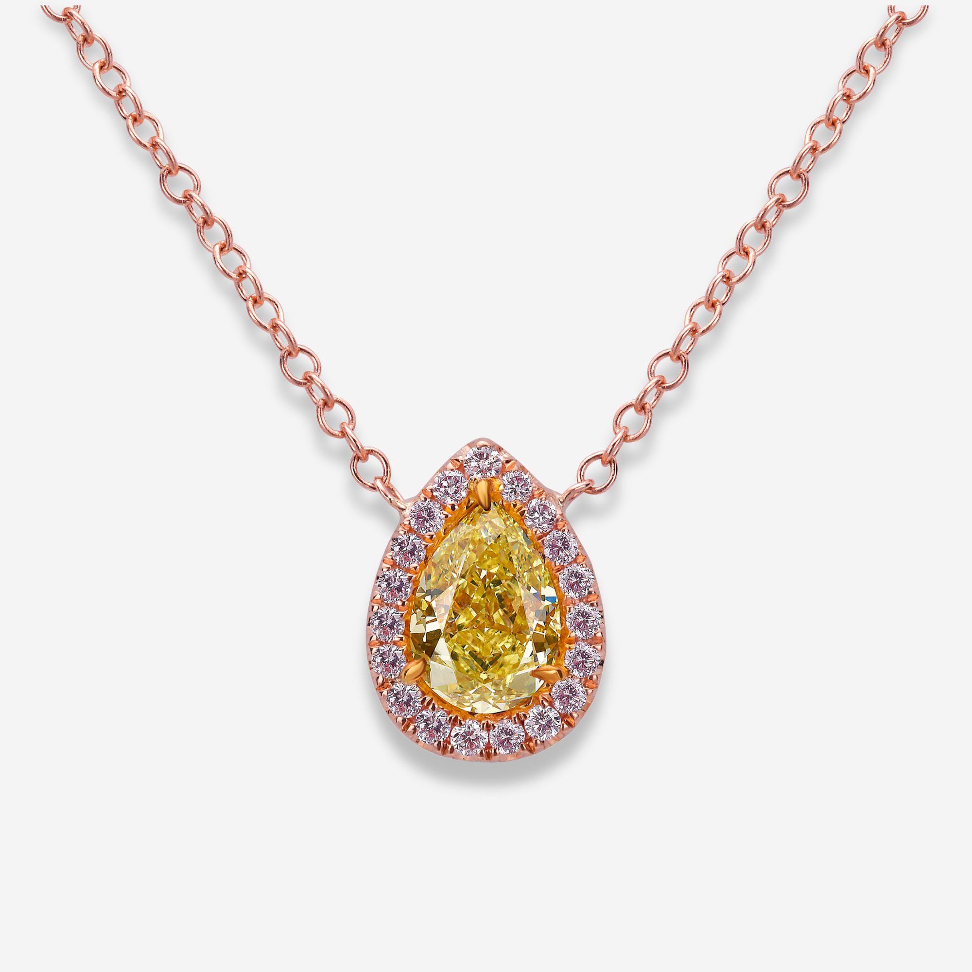 GIA Pink Pear diamond pendant necklace at Rare Colors by Namdar, 5th Avenue New York