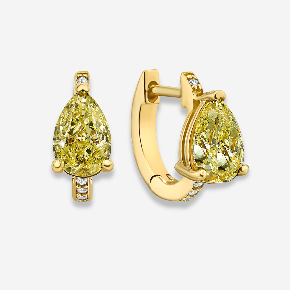 Yellow Pear diamond huggie earrings at Rare Colors by Namdar, 5th Avenue New York