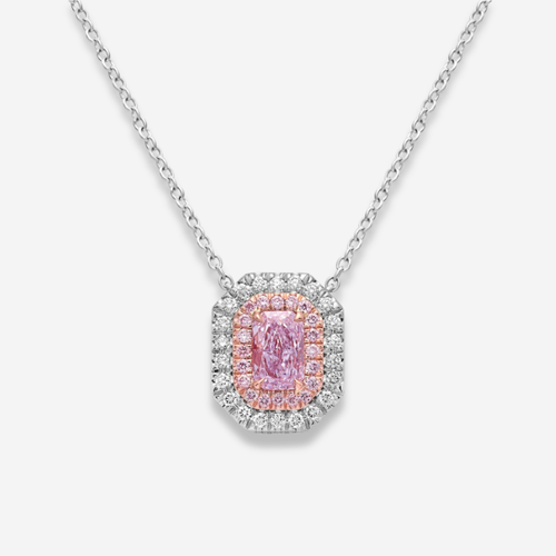 Pink Elongated Radiant Diamond Double Halo Pendant