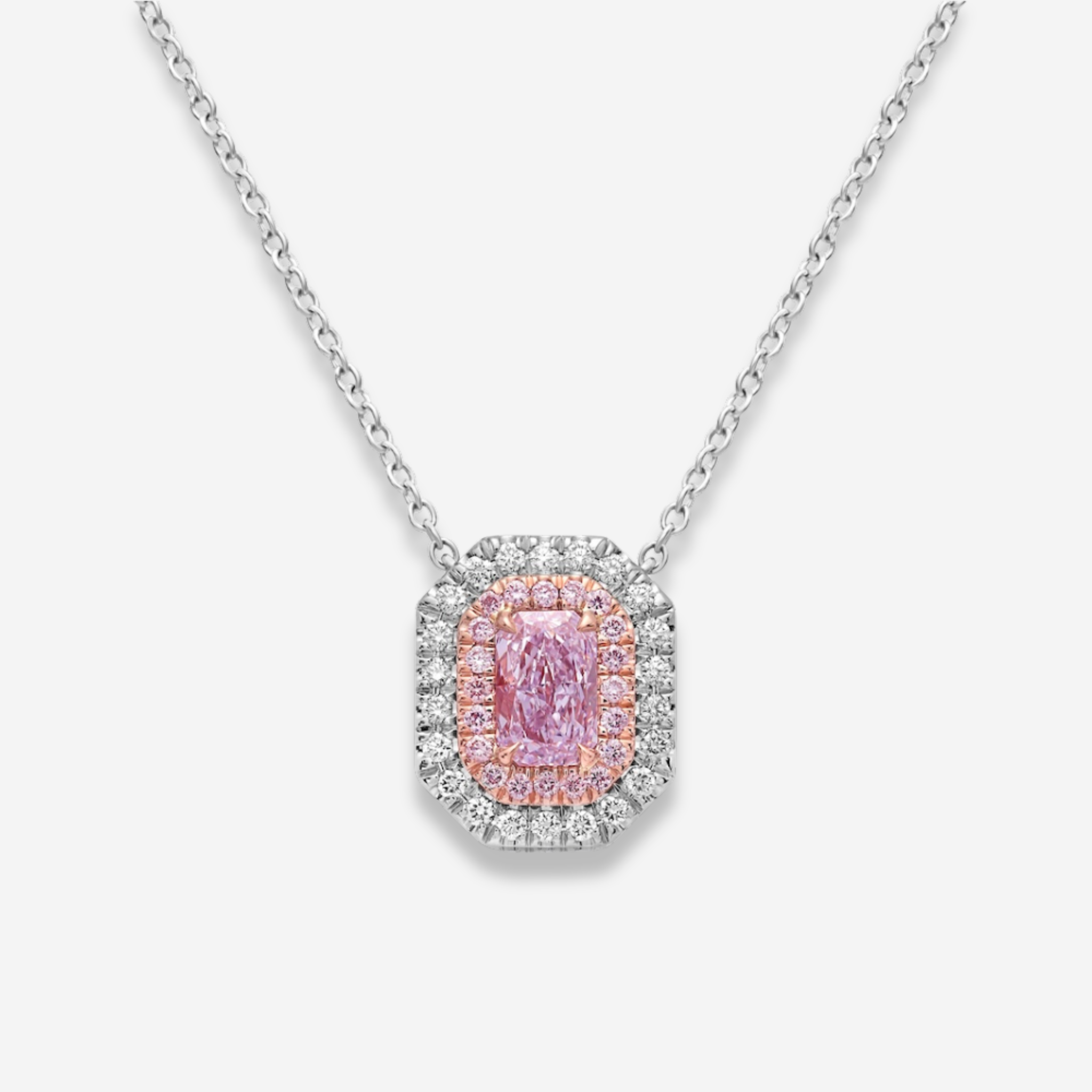 Pink Diamond Double Halo Pendant Necklace