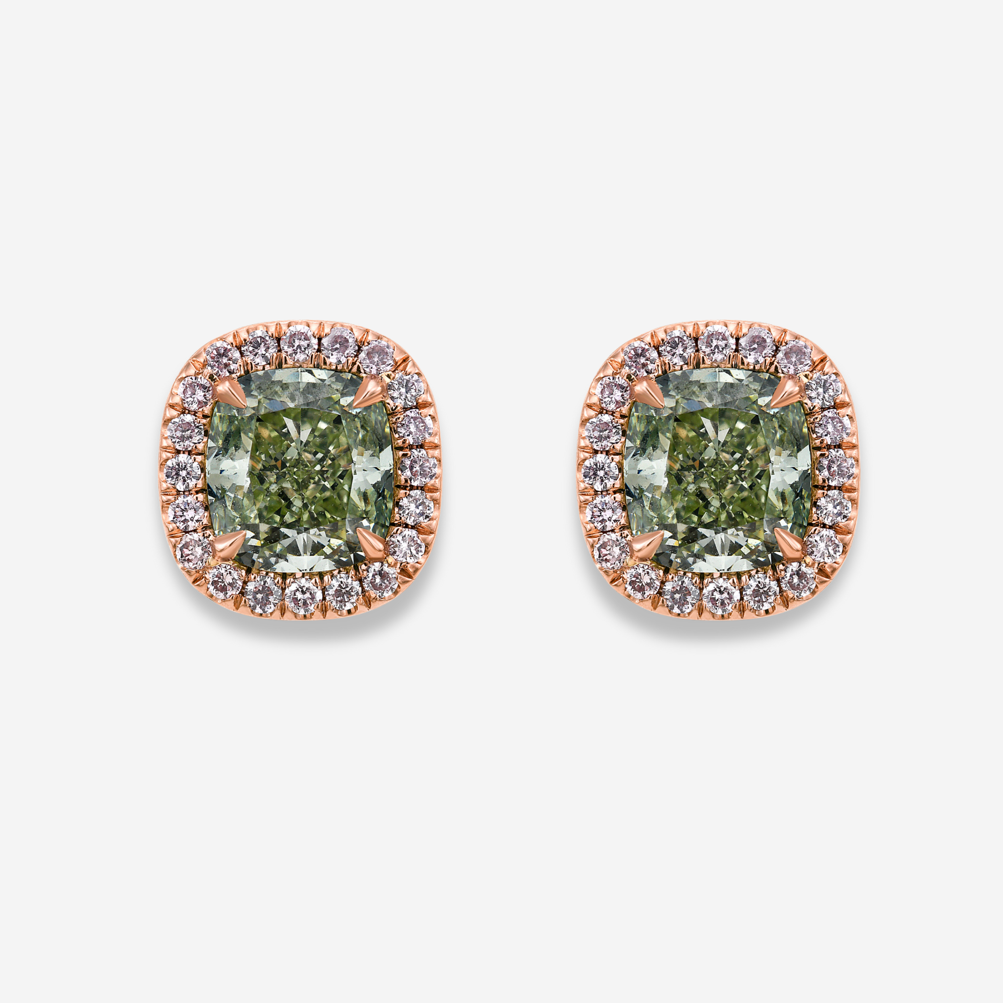 Green Cushion Diamond in Fancy Pink Halo Stud Earrings