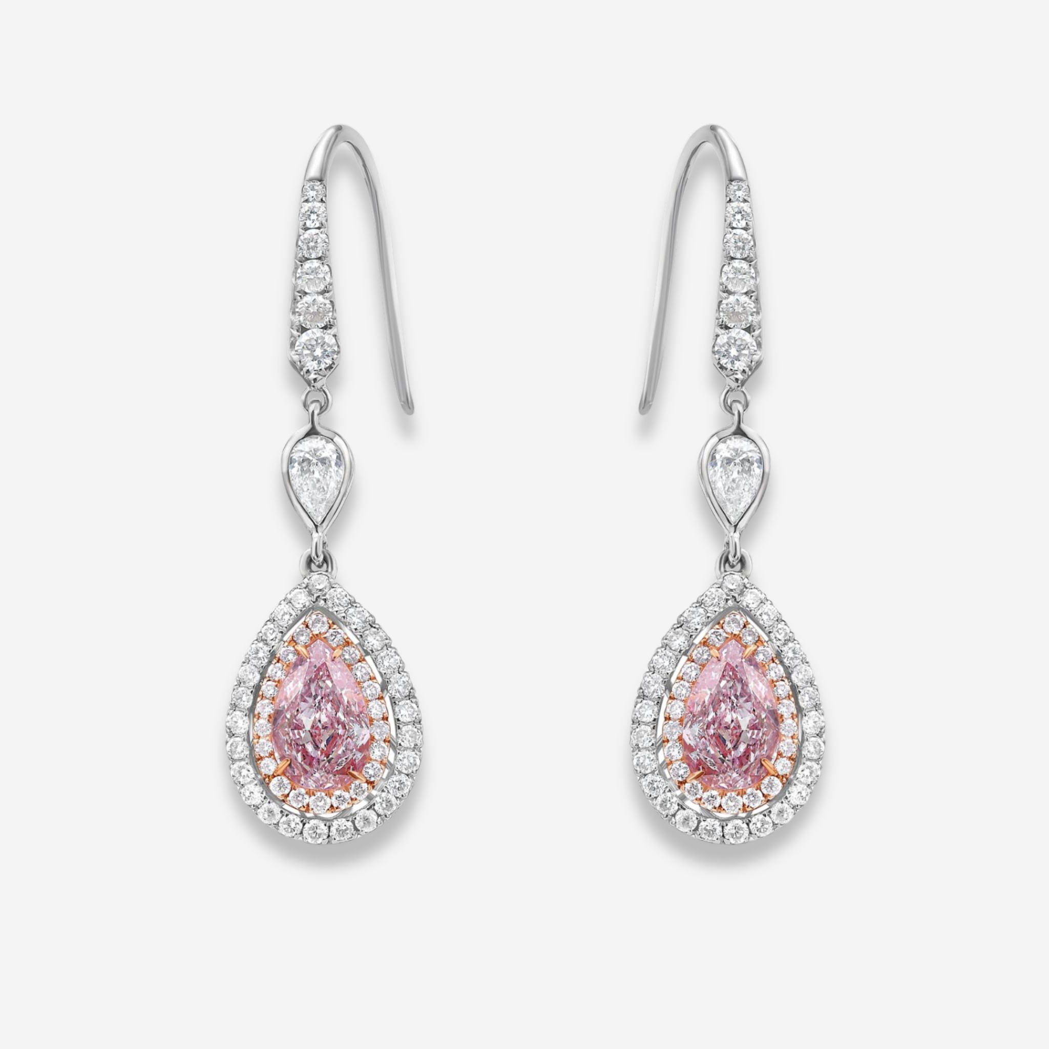 Pink Pear Diamond Double Halo Drop Earrings