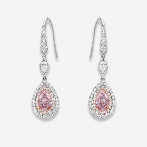 Pink Pear Diamond Double Halo Drop Earrings