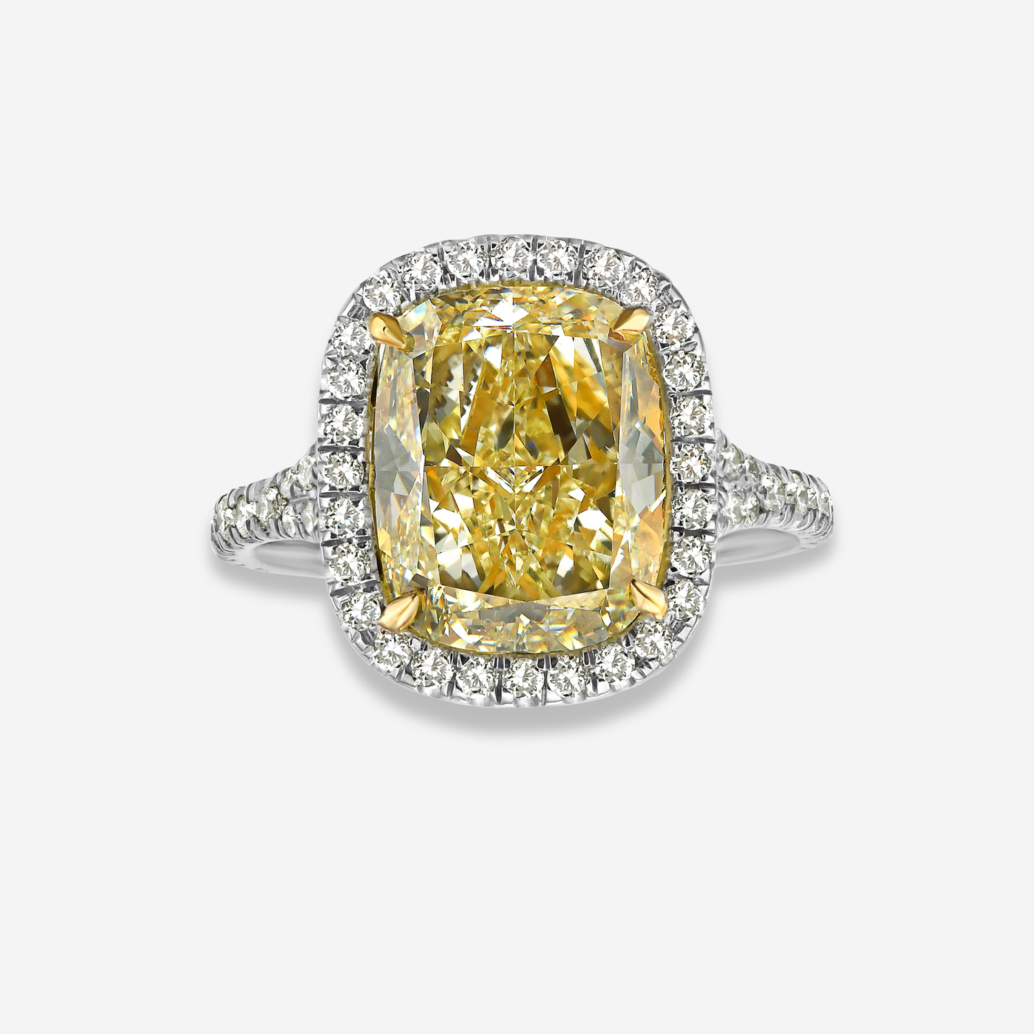 GIA 4.7ct Light Yellow Cushion diamond engagement ring at Rare Colors by Namdar, 5th Avenue New York