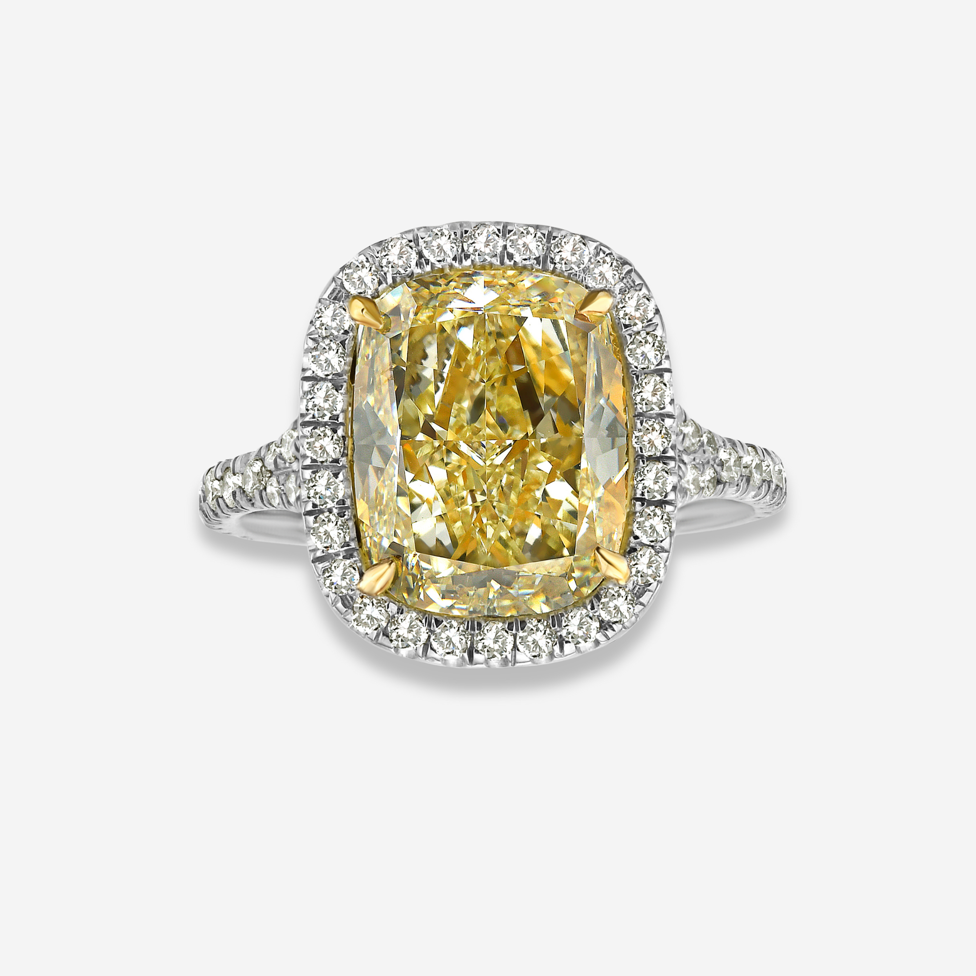 GIA 4.7ct Light Yellow Cushion diamond engagement ring at Rare Colors by Namdar, 5th Avenue New York