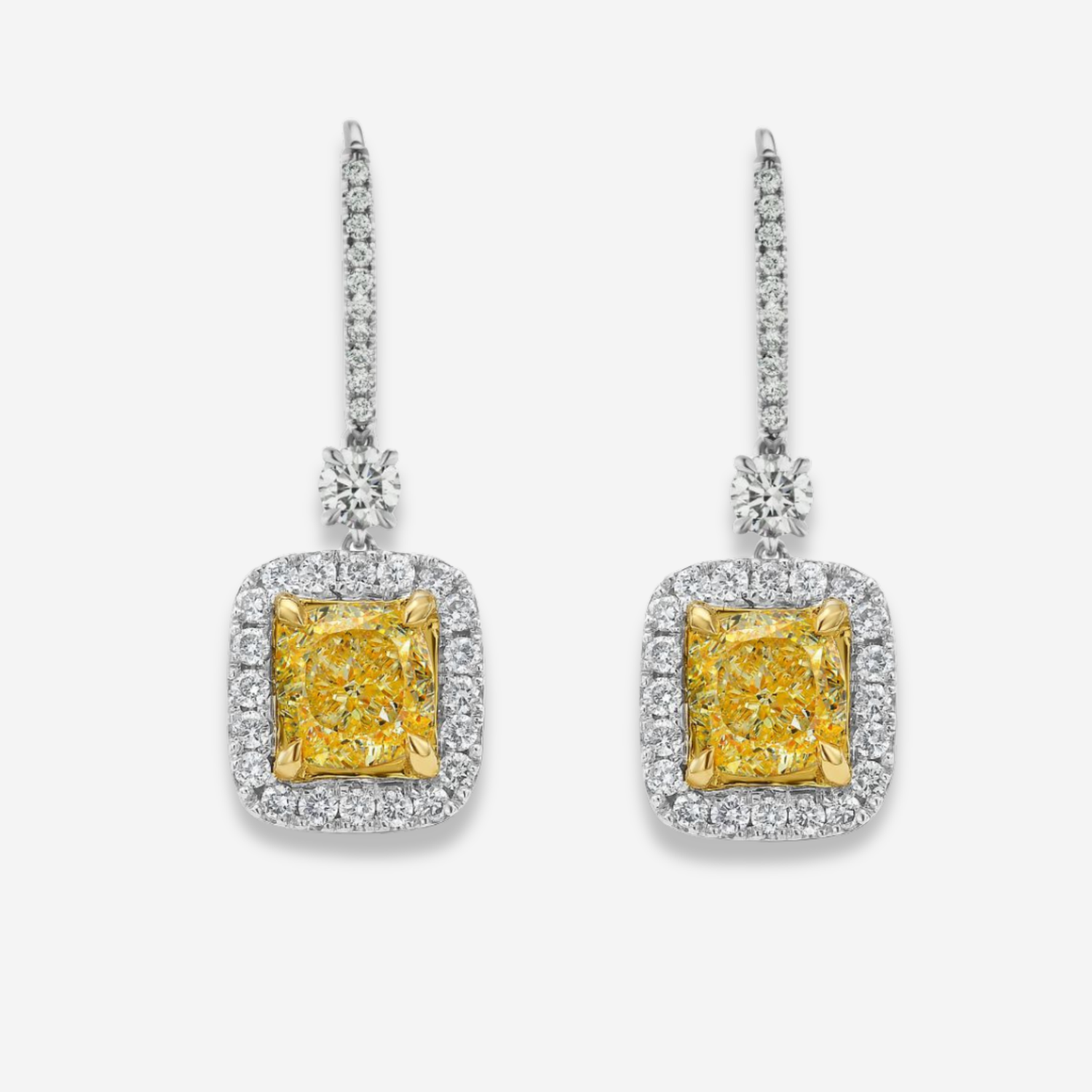 1ct Yellow Cushion drop earrings — color diamond specialists Rare Colors by Namdar