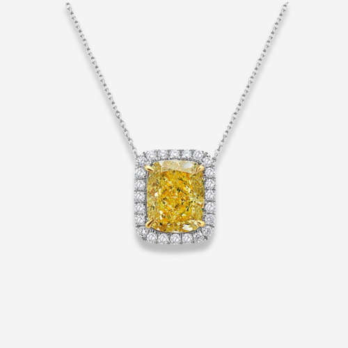 2ct Fancy Light Yellow Cushion Diamond Halo Pendant Necklace