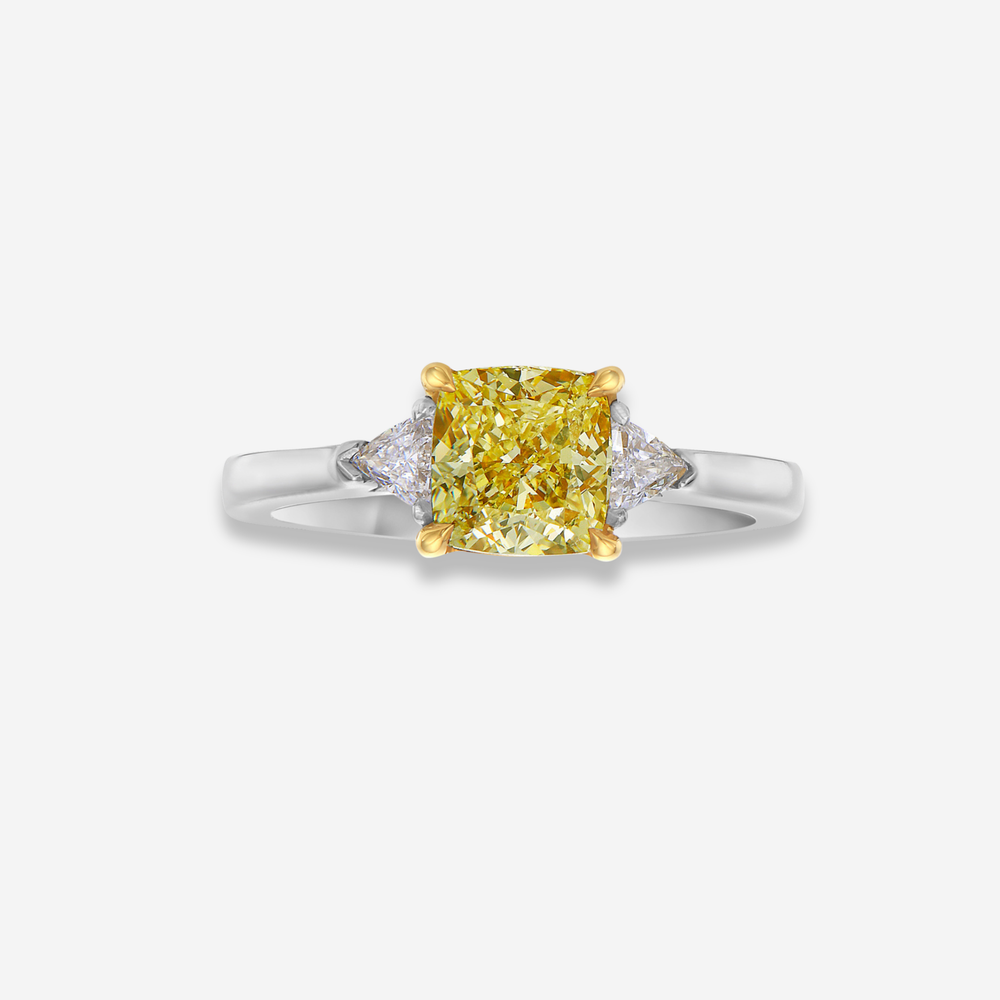 GIA 1.5ct Fancy Light Yellow Cushion diamond engagement ring at Rare Colors by Namdar, 5th Avenue New York