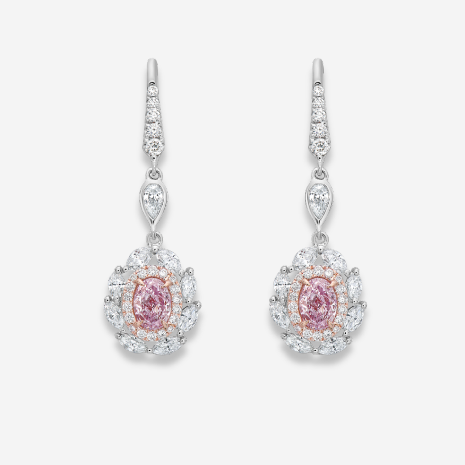 1ct Faint Pink Oval diamond drop earrings by Rare Colors by Namdar, New York City
