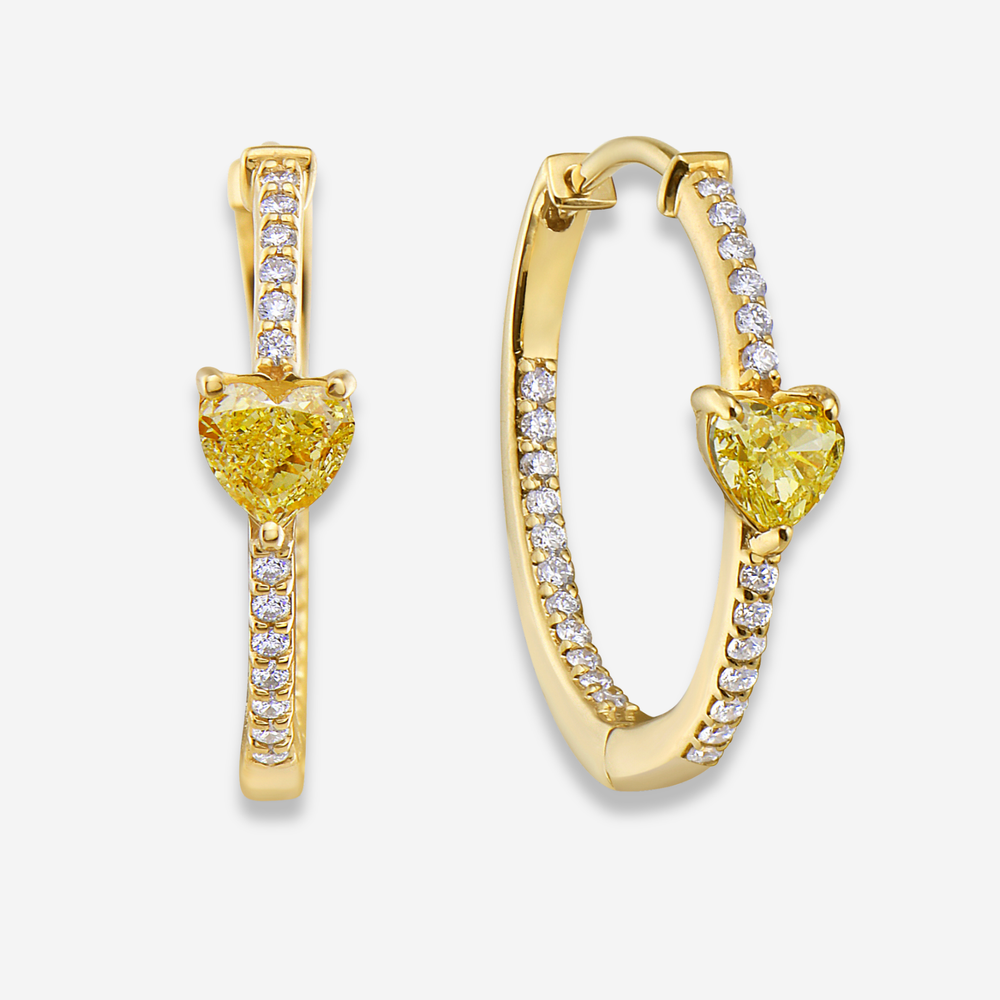Yellow Heart diamond huggie earrings at Rare Colors by Namdar, 5th Avenue New York