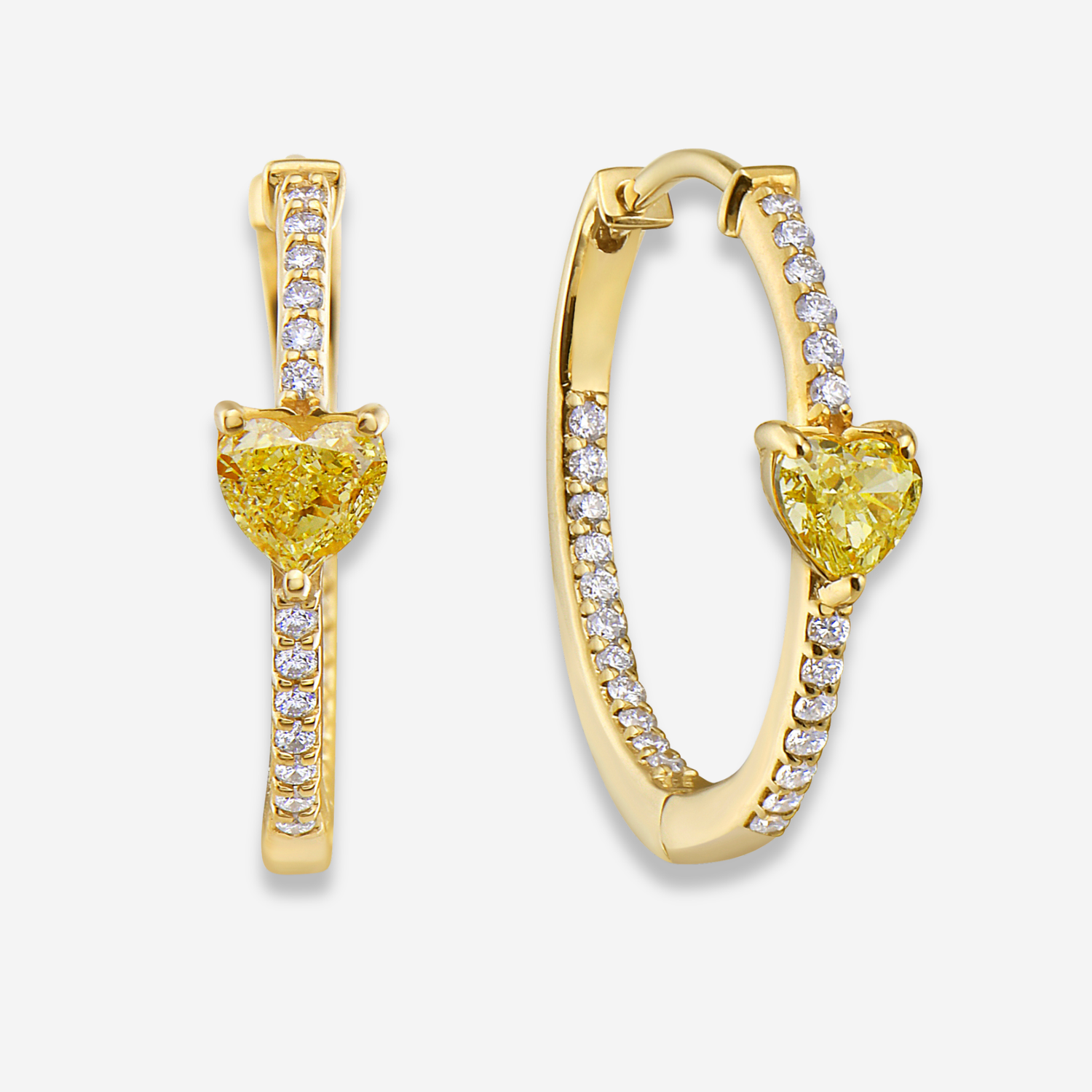 Yellow Heart diamond huggie earrings at Rare Colors by Namdar, 5th Avenue New York