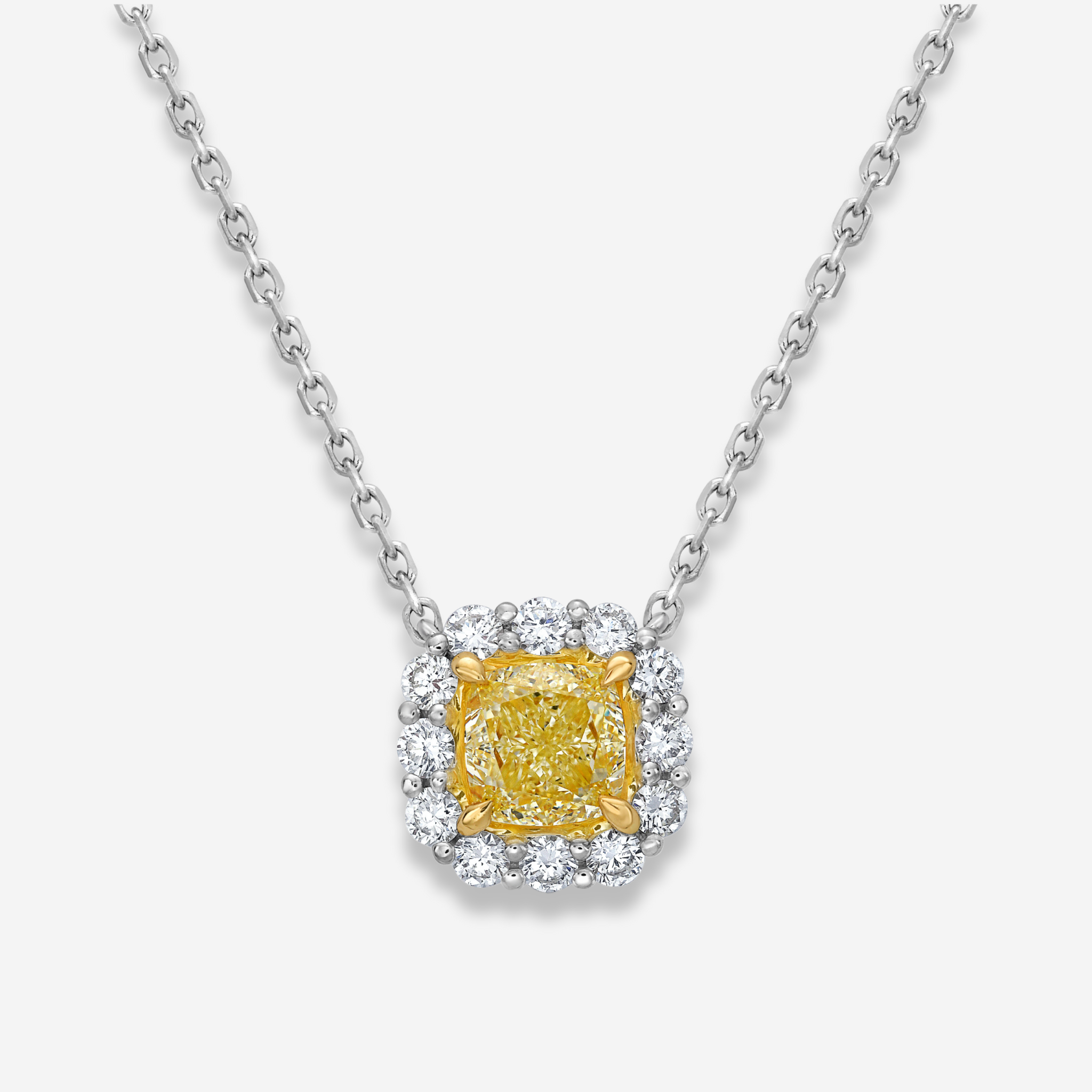 1 Carat Fancy Light Yellow Cushion with White Halo Diamond Pendant Necklace