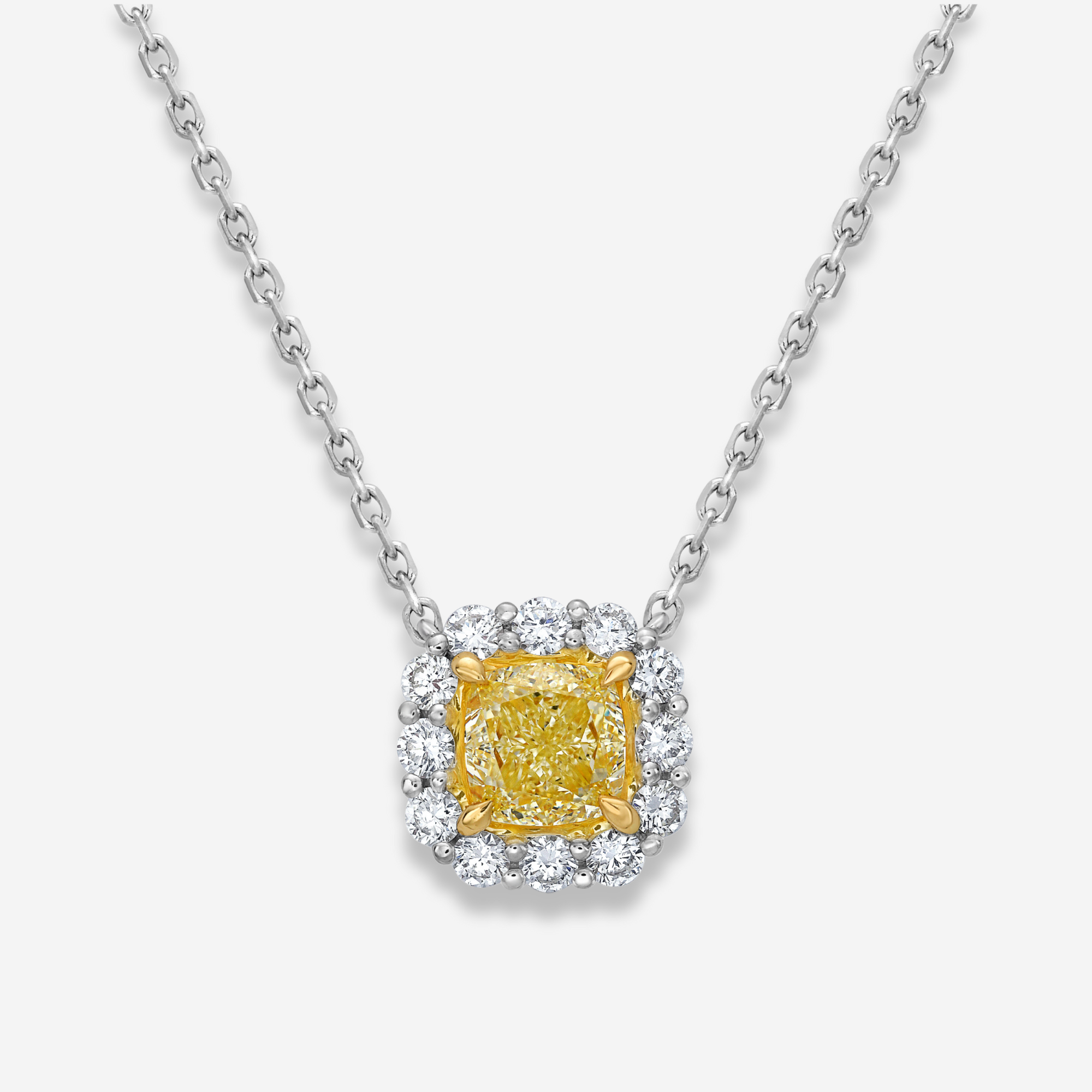 1ct Fancy Light Yellow Cushion diamond pendant necklace, handcrafted by Rare Colors by Namdar
