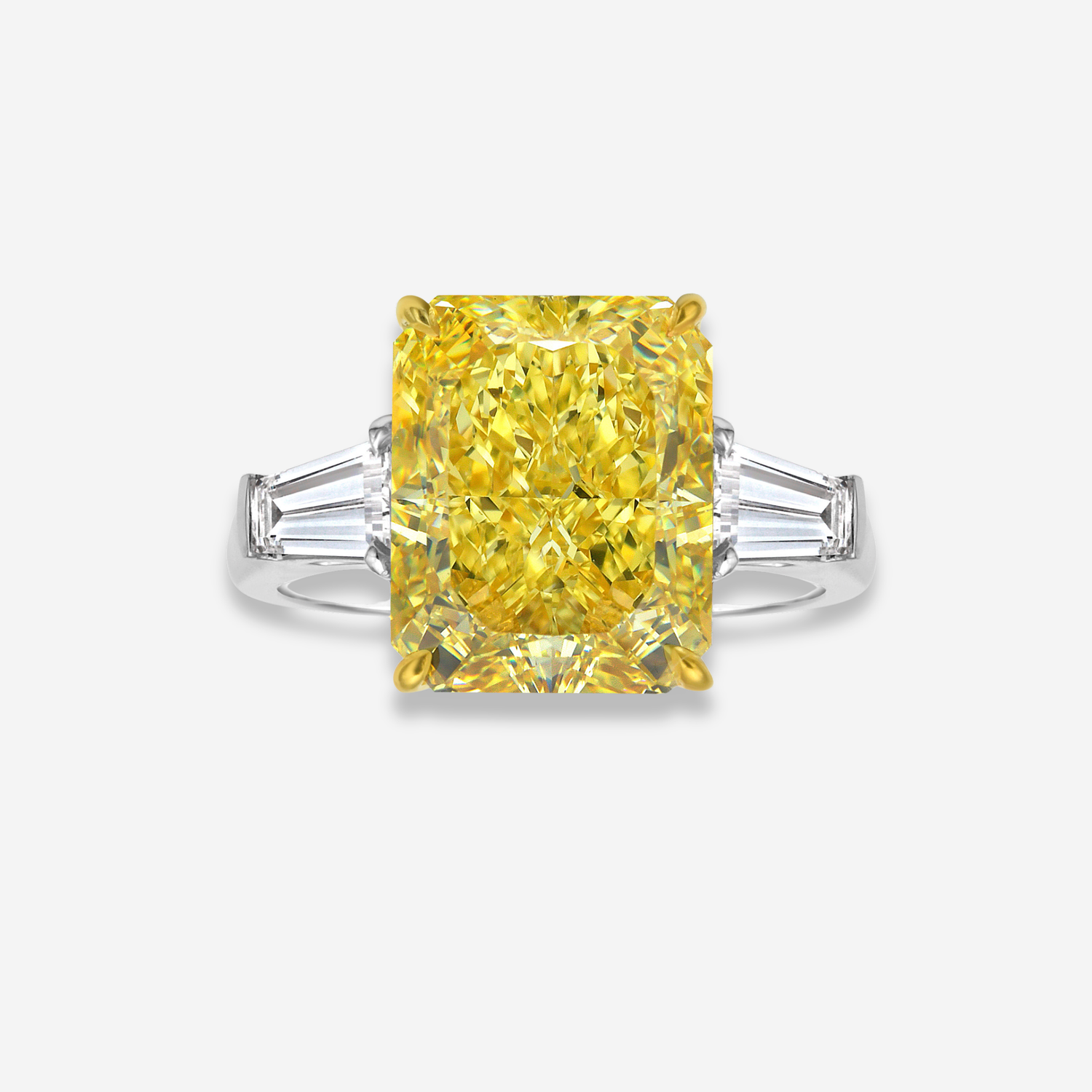 4 Carat Fancy Yellow Elongated Radiant and Tapered Baguette Diamond Engagement Ring