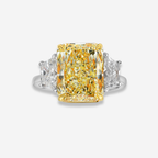 3 Carat Fancy Yellow Elongated Radiant Diamond Three Stone Ring