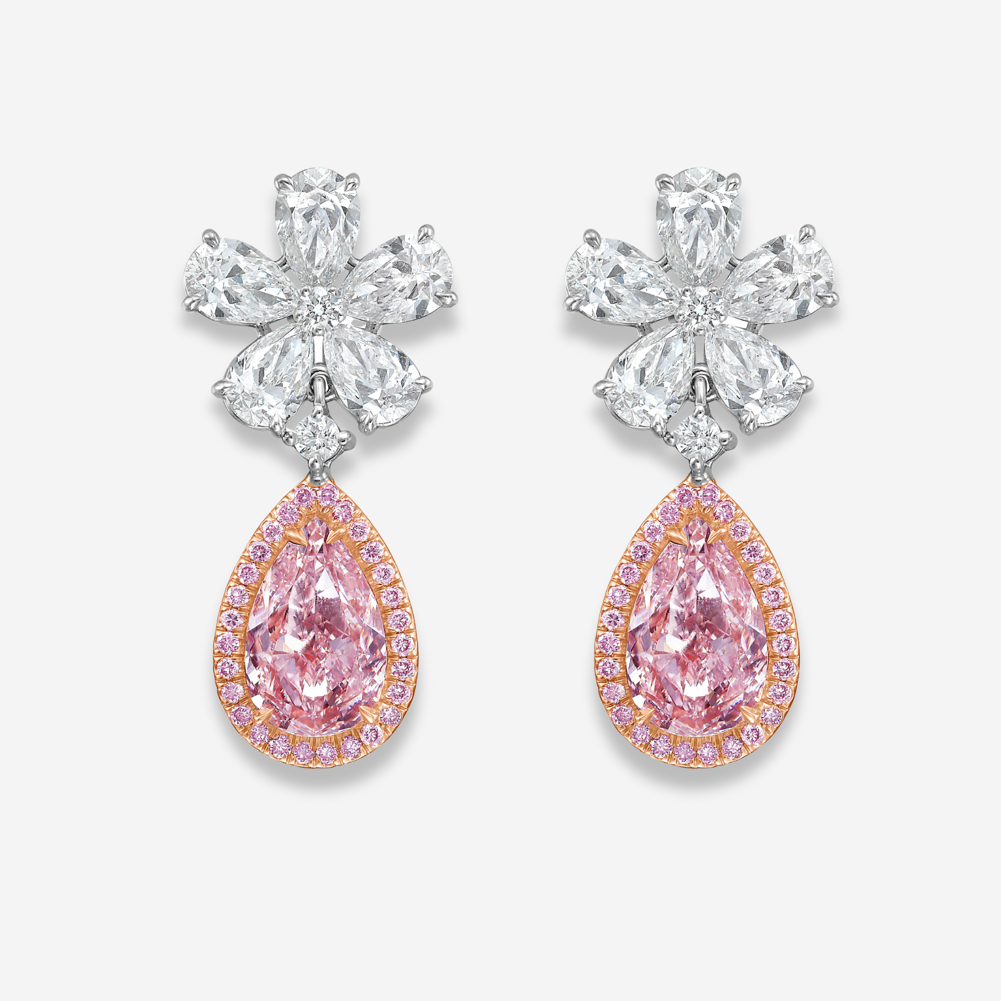 2 Carat Each Pink Pear Diamond Flower Drop Earrings