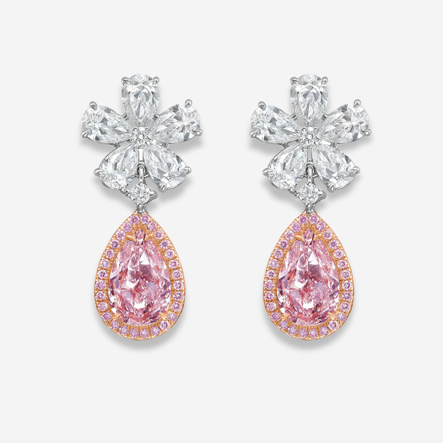 2 Carat Each Pink Pear Diamond Flower Drop Earrings