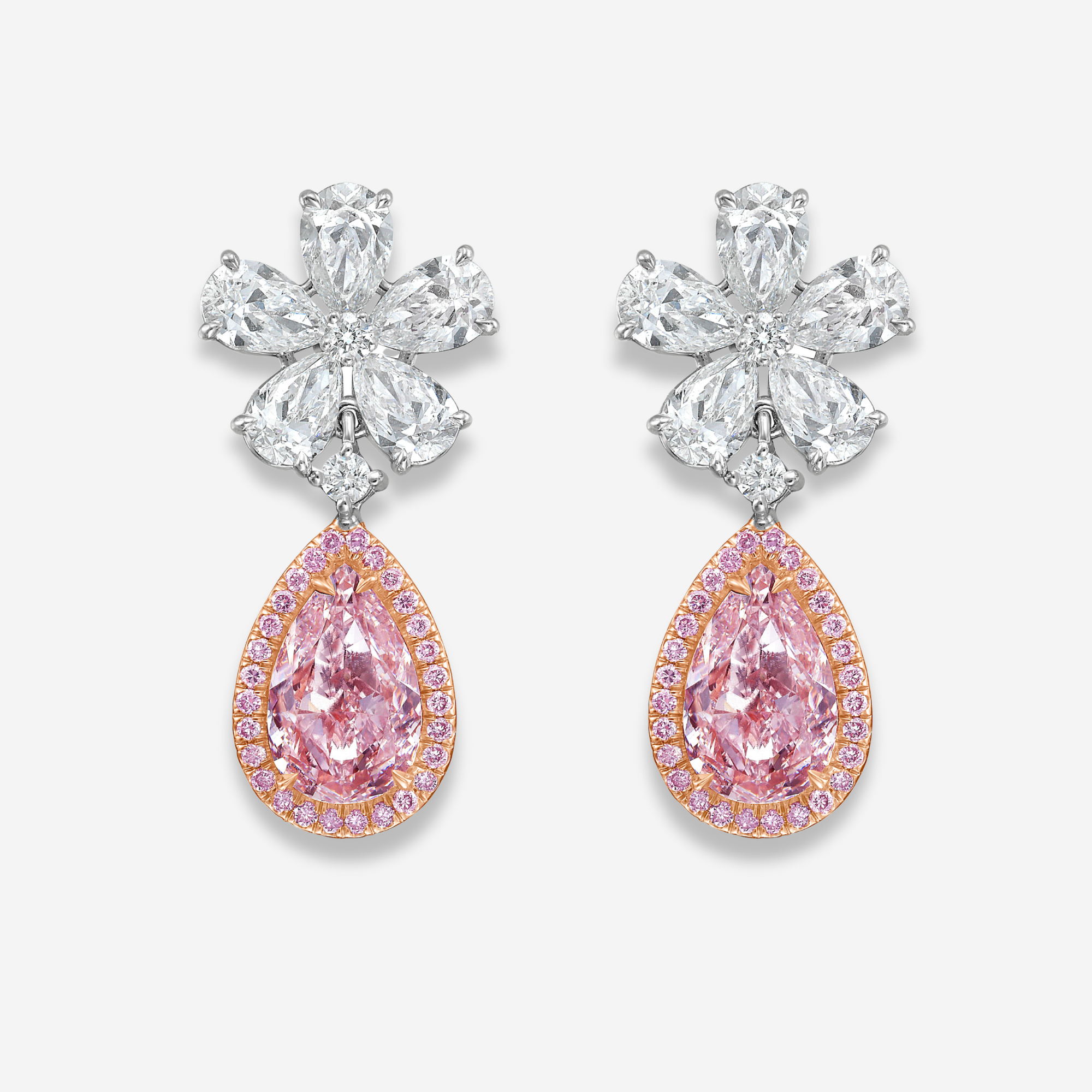 2 Carat Each Pink Pear Diamond Flower Drop Earrings