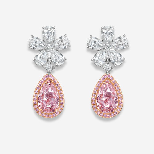 2 Carat Each Pink Pear Diamond Flower Drop Earrings