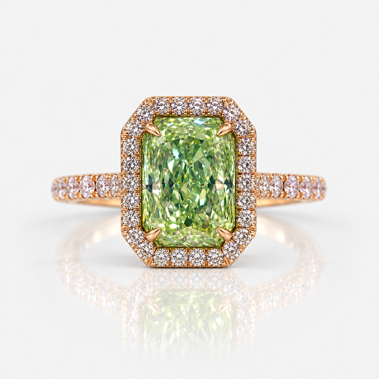 3ct Neon Green Elongated Radiant Diamond in Pink Diamond Halo Engagement Ring
