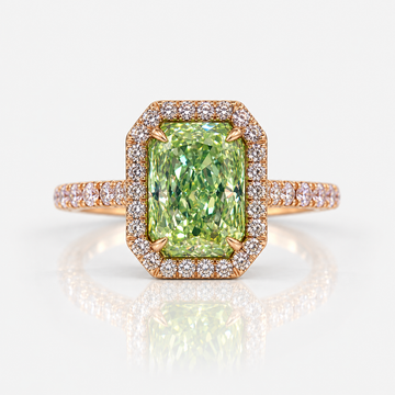 3ct Neon Green Elongated Radiant Diamond in Pink Diamond Halo Engagement Ring