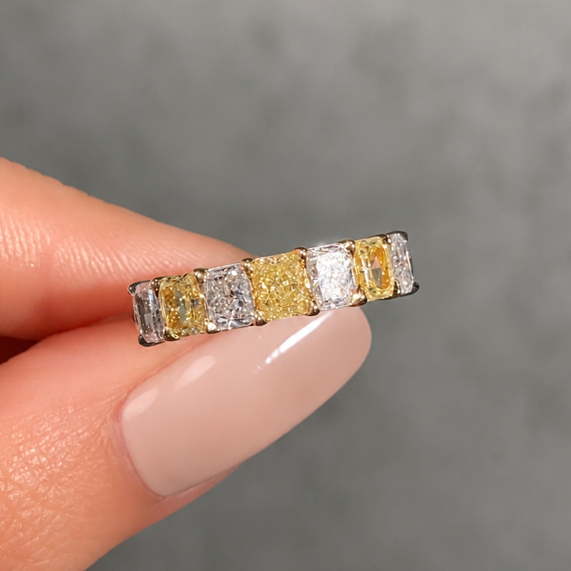 2 Carat Alternating Fancy Yellow and Colorless Elongated Radiant Diamond Half Eternity Band
