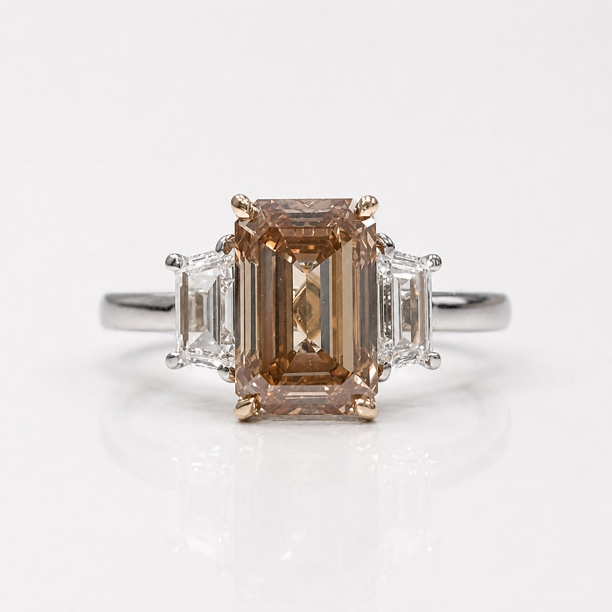3 Carat Fancy Brown-Orange Emerald Diamond Three Stone Engagement Ring