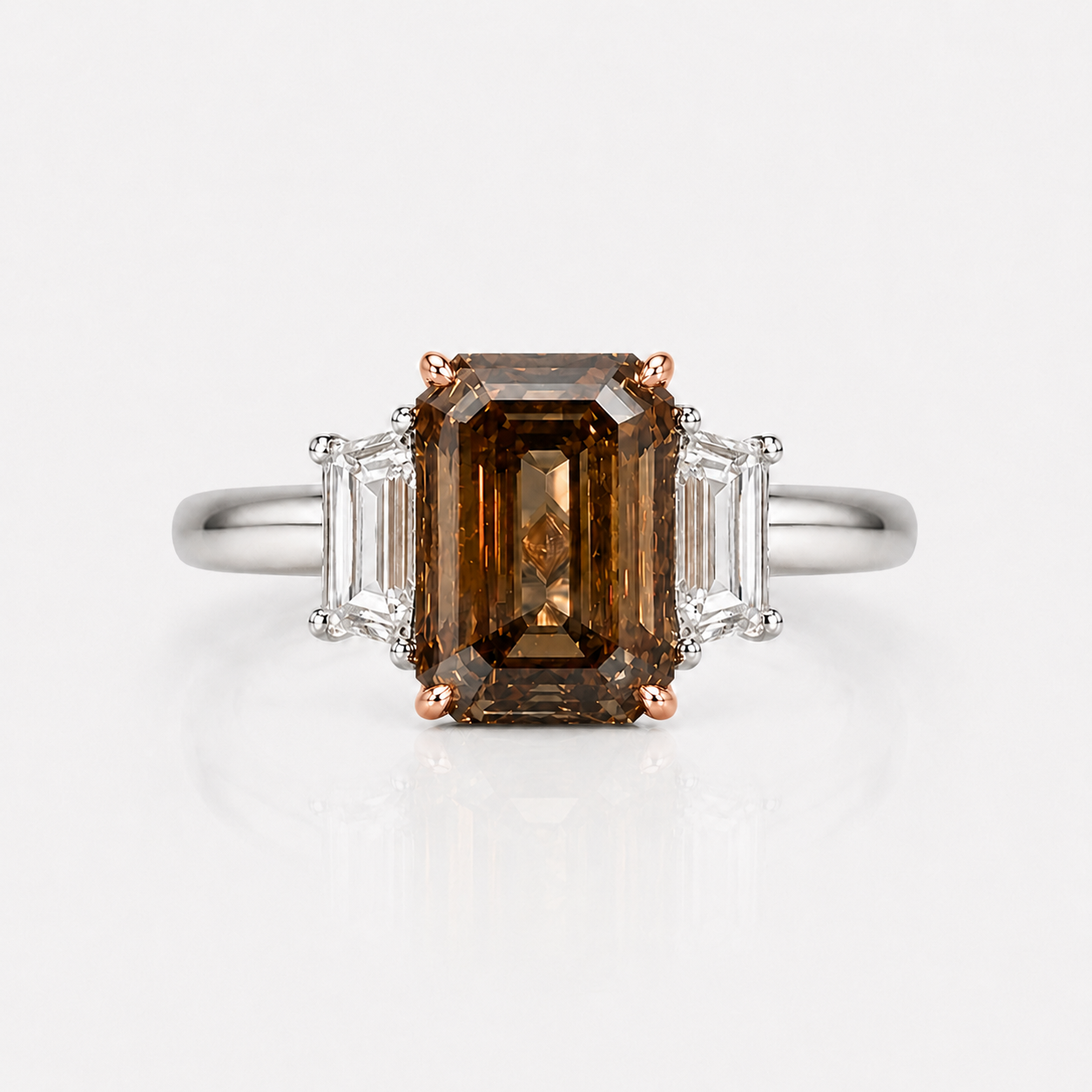 3 Carat Dark Champagne Emerald Diamond Three Stone Engagement Ring