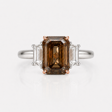 3 Carat Dark Champagne Emerald Diamond Three Stone Engagement Ring