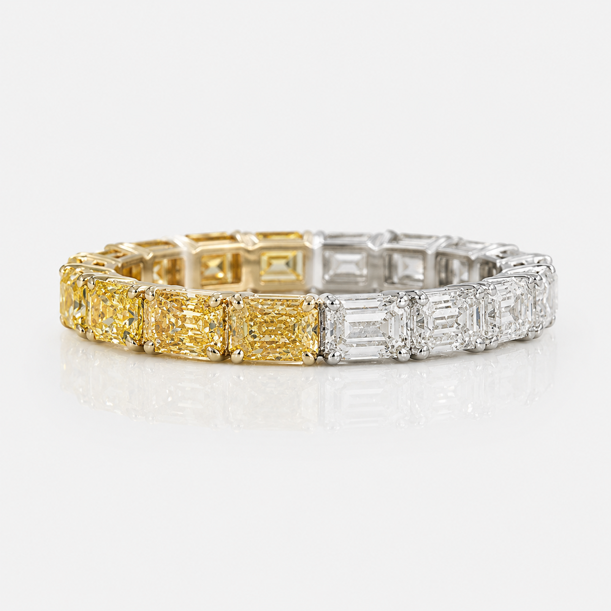 3ct East West Yellow Radiant and Colorless Emerald Diamond Half and Half Eternity Band