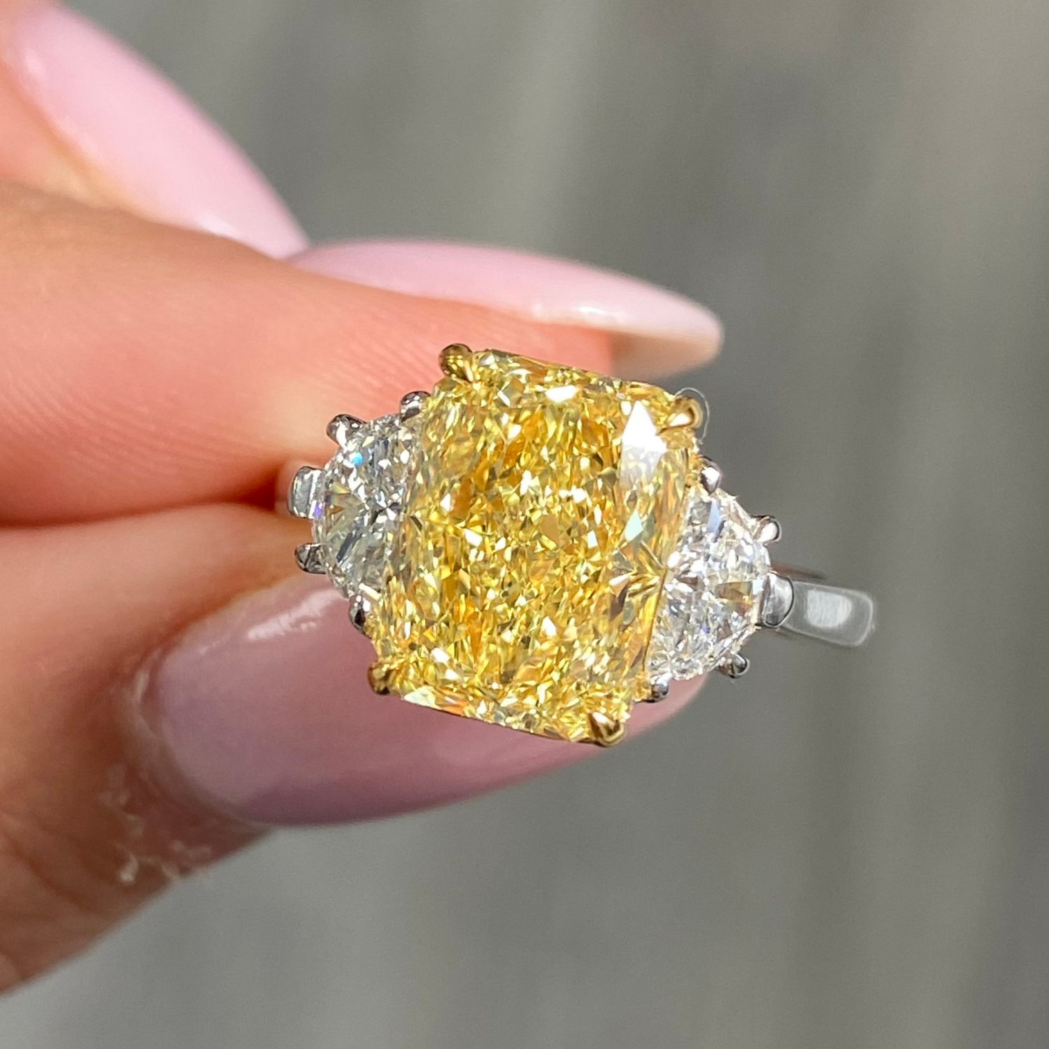 3.5ct Fancy Yellow Elongated Radiant engagement ring — color diamond specialists Rare Colors by Namdar