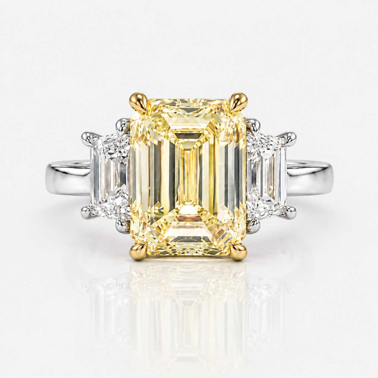2.5ct GIA Light Yellow Emerald Cut Three Stone Engagement Ring