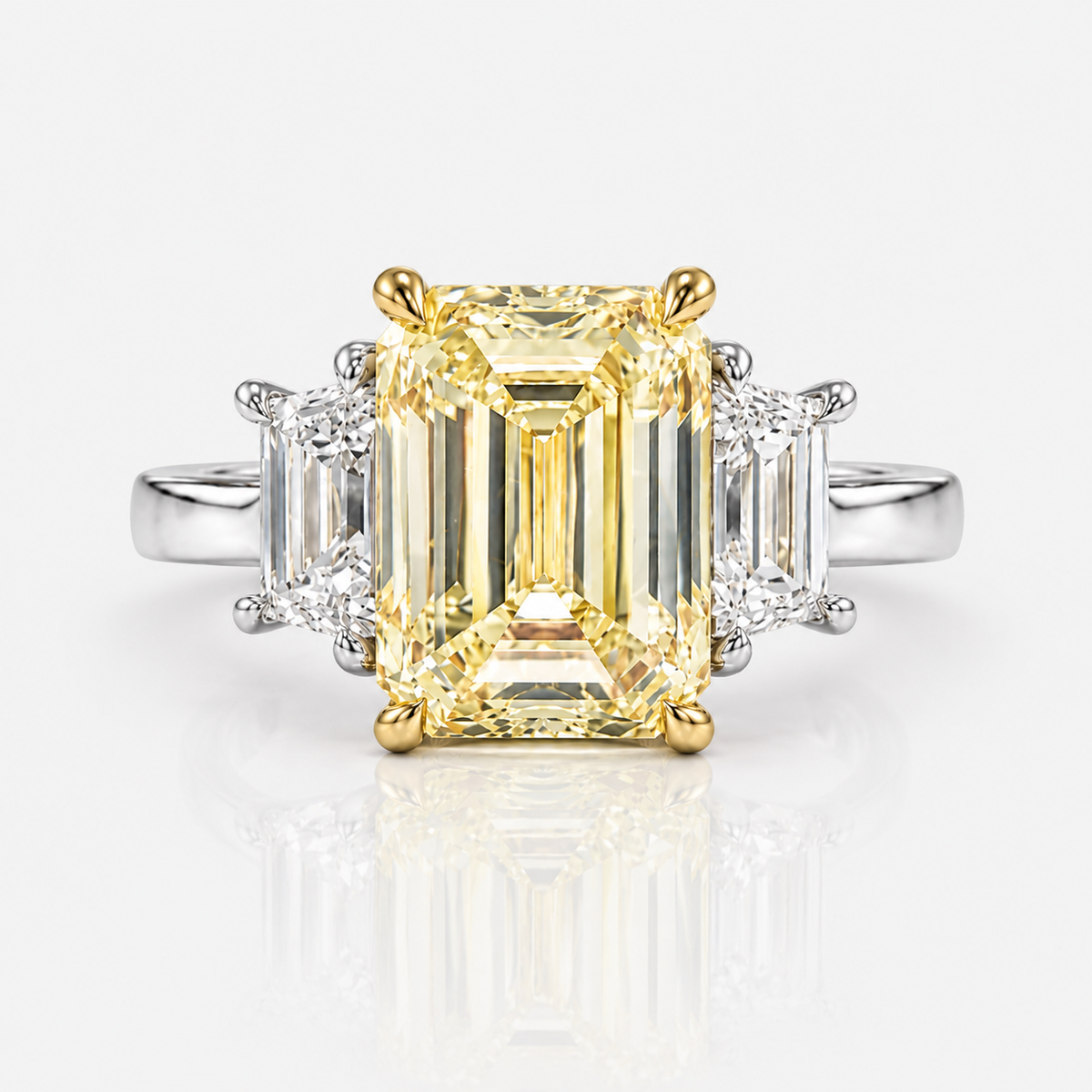 2.5ct GIA Light Yellow Emerald Cut Three Stone Engagement Ring