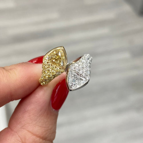Unique two stone diamond ring with yellow and white diamonds. Perfect statement ring. Diamond Ring.