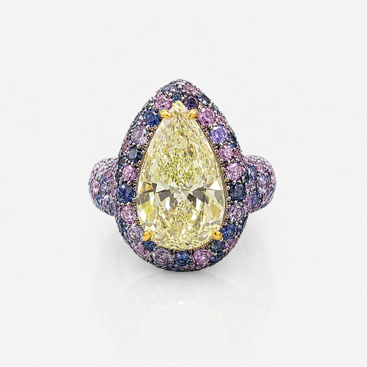 4ct GIA Fancy Yellow Pear Diamond Purple Sapphire Bubble Ring