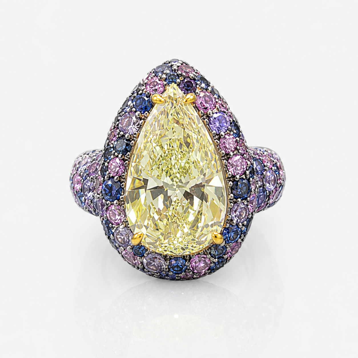4 Carat Fancy Yellow Pear Diamond Purple Sapphire Bubble Ring