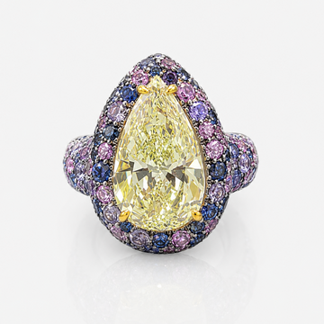 4 Carat Fancy Yellow Pear Diamond Purple Sapphire Bubble Ring