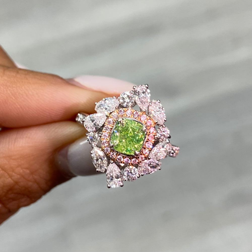 1ct Intense Yellow Cushion ring — color diamond specialists Rare Colors by Namdar