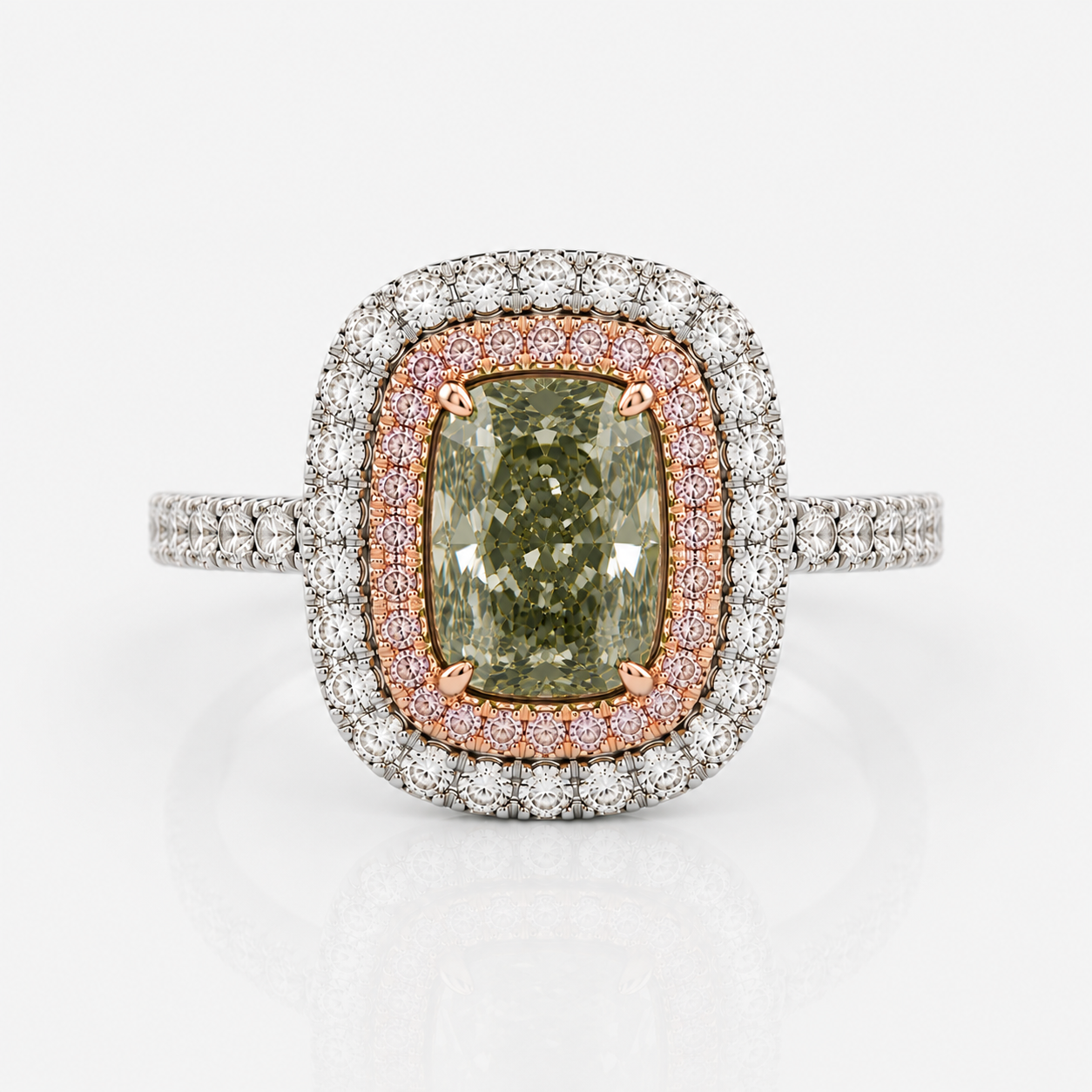 Green Cushion Diamond Double Halo Engagement Ring