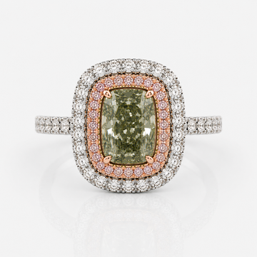 Green Cushion Diamond Double Halo Engagement Ring